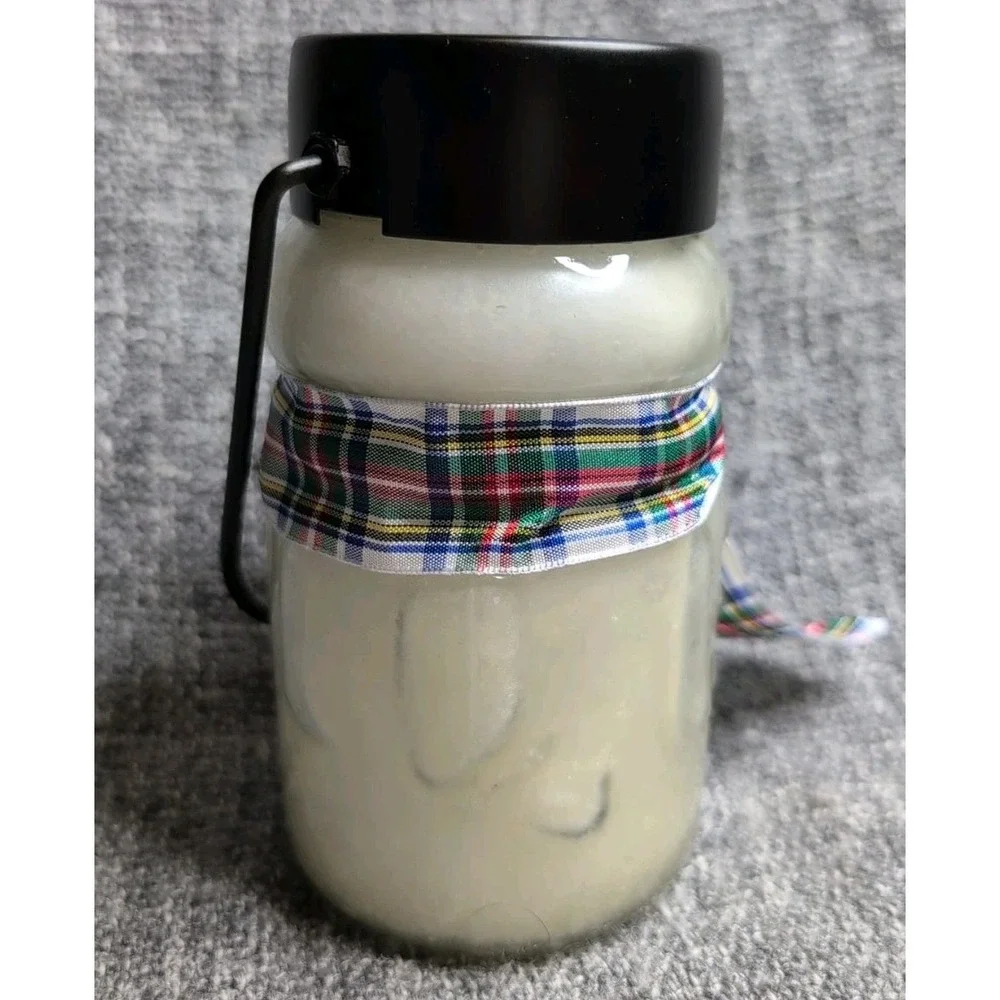 Snowman Sugar Cookie Scented Jar Candle In Black Metal Holder Plaid Ribbon